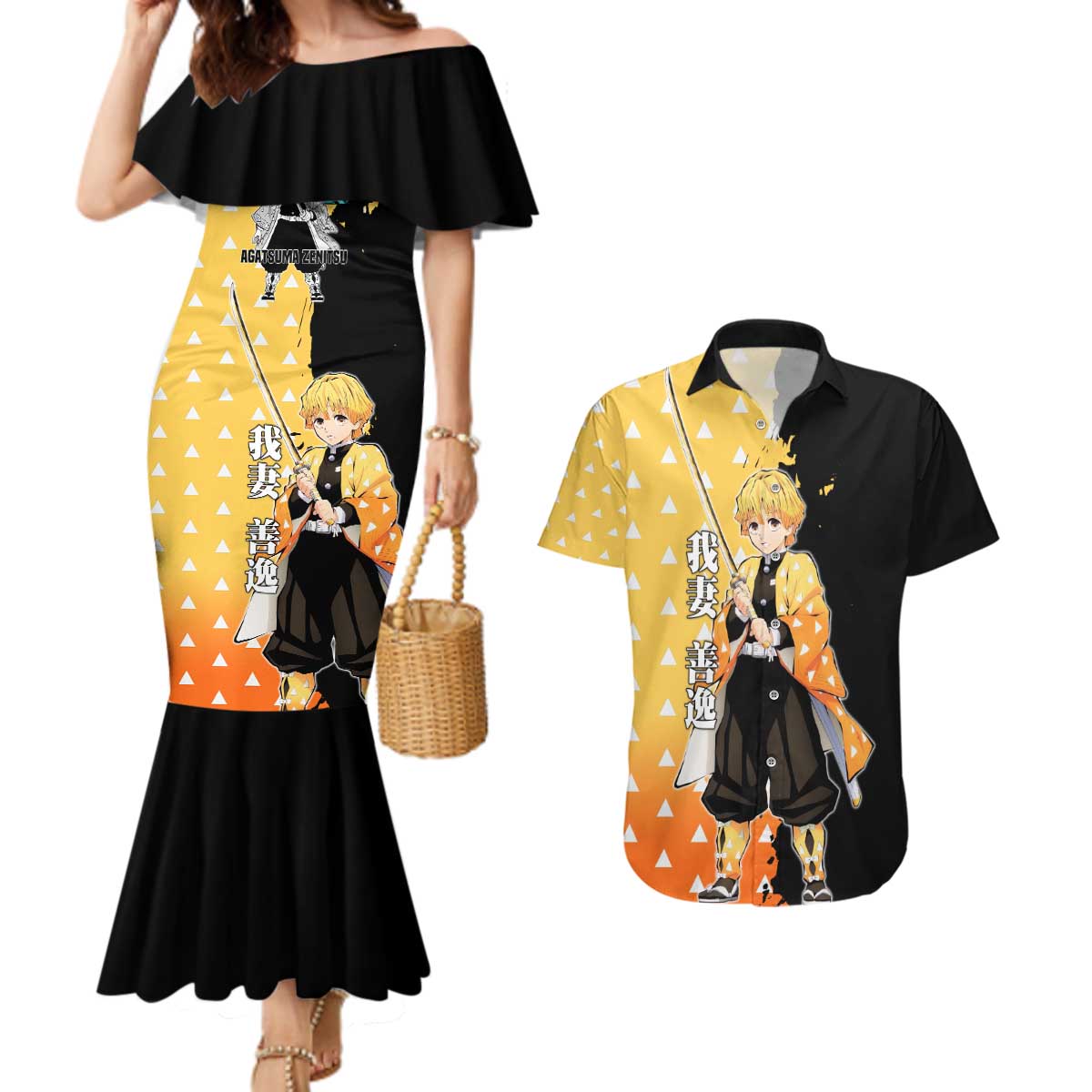 Zenitsu Agatsuma from Demon Slayer Couples Matching Mermaid Dress and Hawaiian Shirt with Yellow Lightning Kimono and Thunder Effects Design - The Mazicc