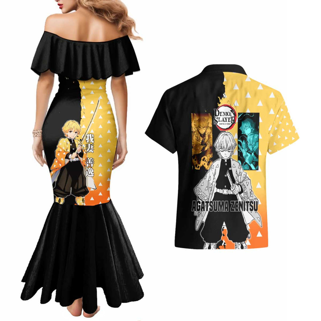 Zenitsu Agatsuma from Demon Slayer Couples Matching Mermaid Dress and Hawaiian Shirt with Yellow Lightning Kimono and Thunder Effects Design - The Mazicc