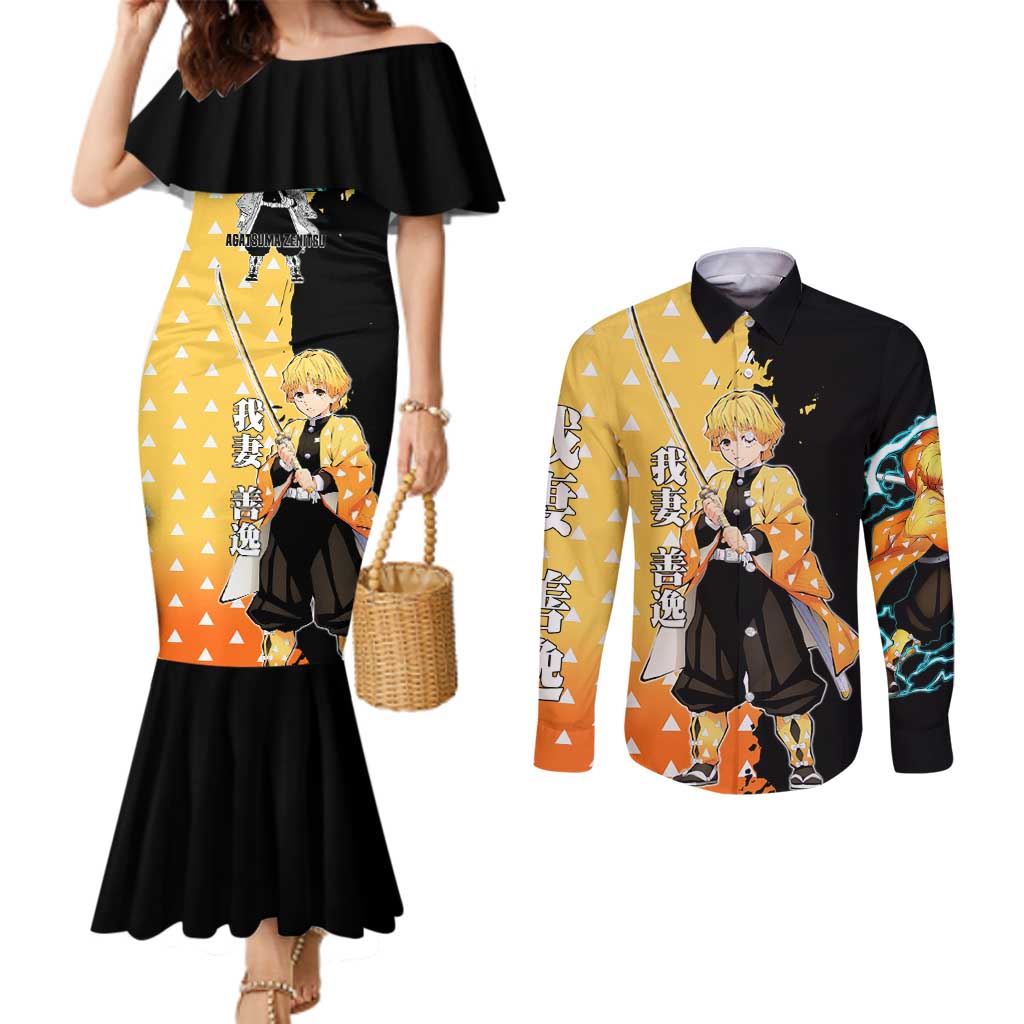 Zenitsu Agatsuma from Demon Slayer Couples Matching Mermaid Dress and Long Sleeve Button Shirt with Yellow Lightning Kimono and Thunder Effects Design - The Mazicc
