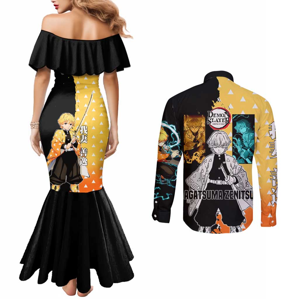 Zenitsu Agatsuma from Demon Slayer Couples Matching Mermaid Dress and Long Sleeve Button Shirt with Yellow Lightning Kimono and Thunder Effects Design - The Mazicc