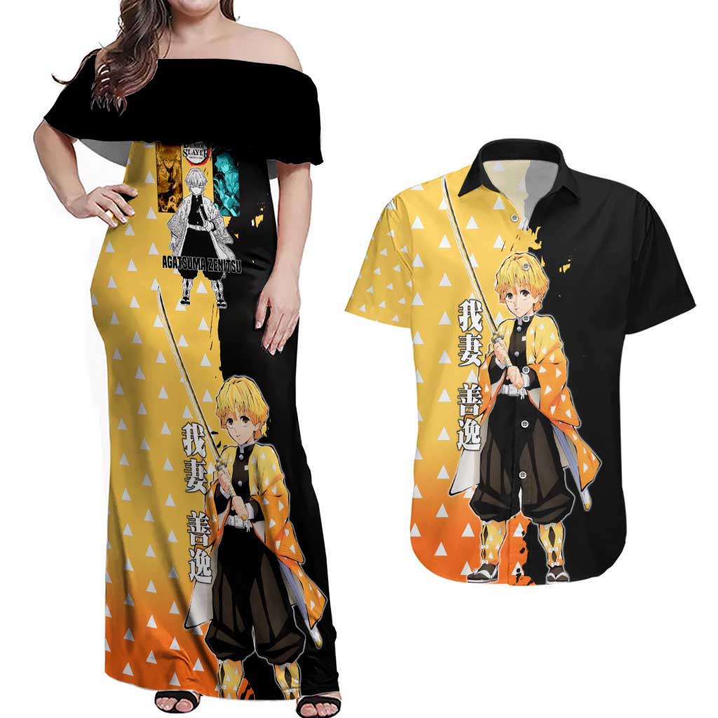 Zenitsu Agatsuma from Demon Slayer Couples Matching Off Shoulder Maxi Dress and Hawaiian Shirt with Yellow Lightning Kimono and Thunder Effects Design - The Mazicc