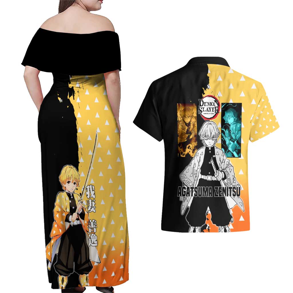 Zenitsu Agatsuma from Demon Slayer Couples Matching Off Shoulder Maxi Dress and Hawaiian Shirt with Yellow Lightning Kimono and Thunder Effects Design - The Mazicc