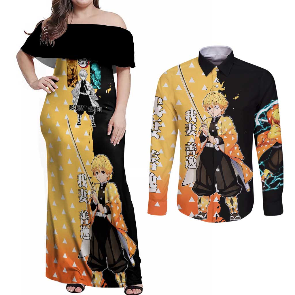 Zenitsu Agatsuma from Demon Slayer Couples Matching Off Shoulder Maxi Dress and Long Sleeve Button Shirt with Yellow Lightning Kimono and Thunder Effects Design - The Mazicc