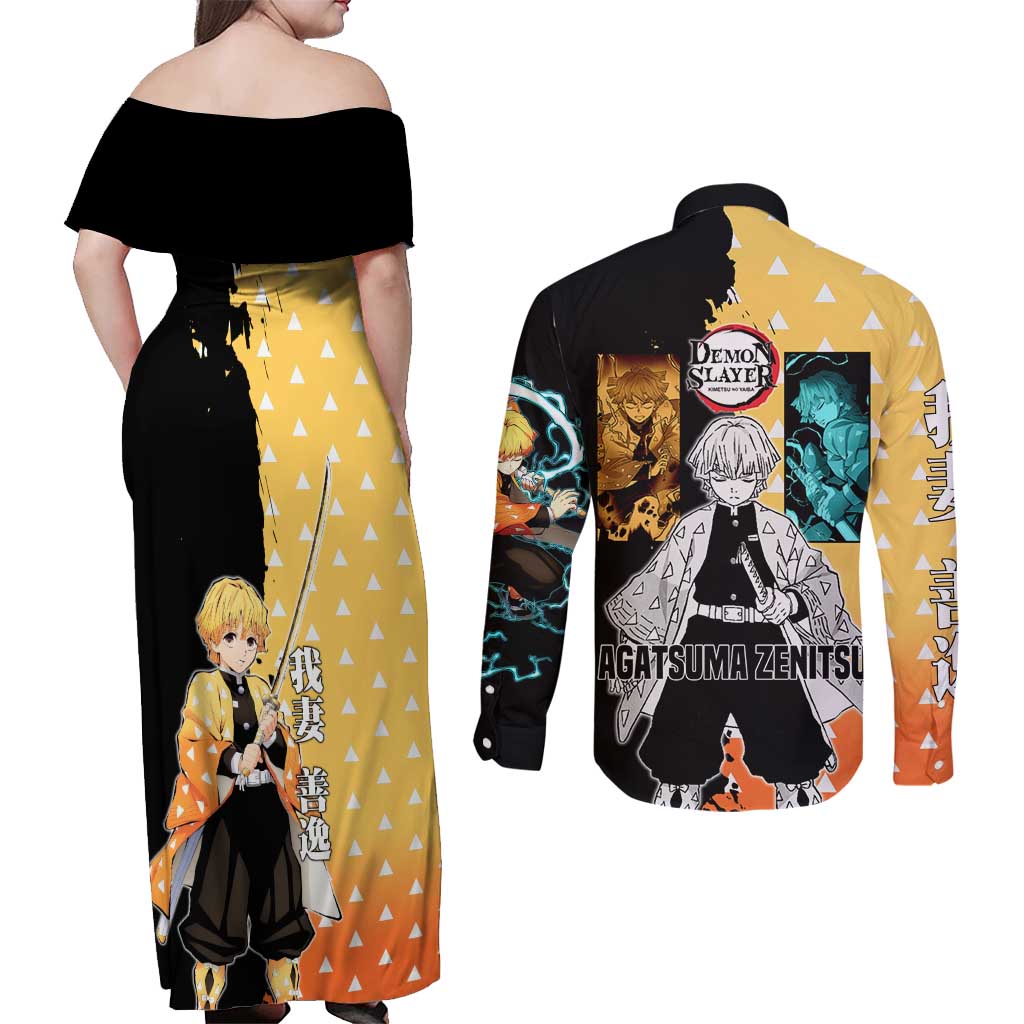 Zenitsu Agatsuma from Demon Slayer Couples Matching Off Shoulder Maxi Dress and Long Sleeve Button Shirt with Yellow Lightning Kimono and Thunder Effects Design - The Mazicc