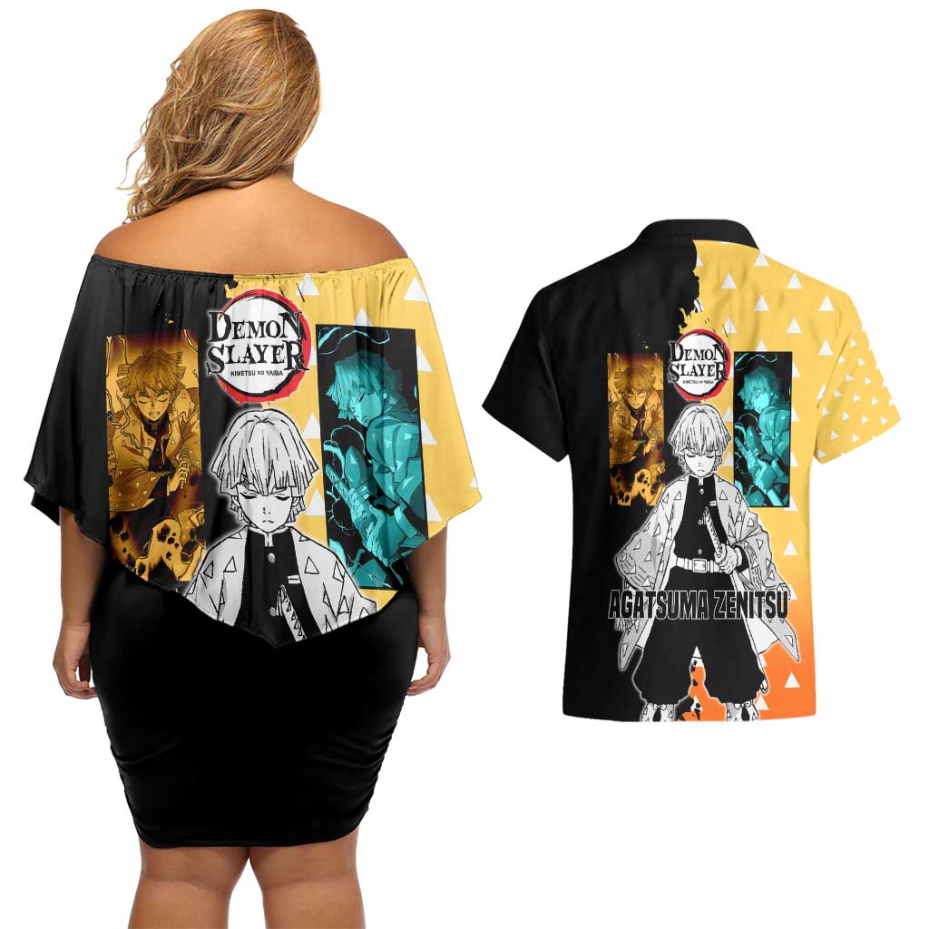 Zenitsu Agatsuma from Demon Slayer Couples Matching Off Shoulder Short Dress and Hawaiian Shirt with Yellow Lightning Kimono and Thunder Effects Design - The Mazicc