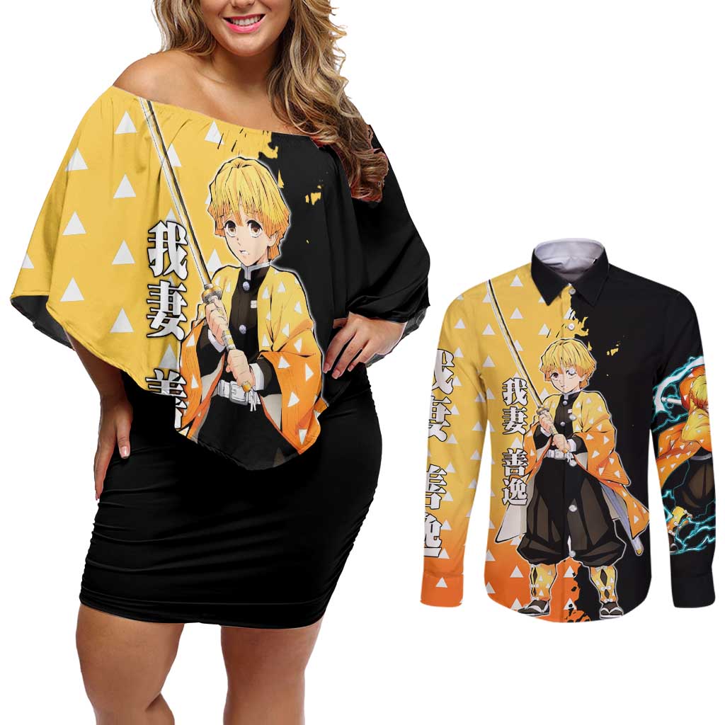 Zenitsu Agatsuma from Demon Slayer Couples Matching Off Shoulder Short Dress and Long Sleeve Button Shirt with Yellow Lightning Kimono and Thunder Effects Design - The Mazicc