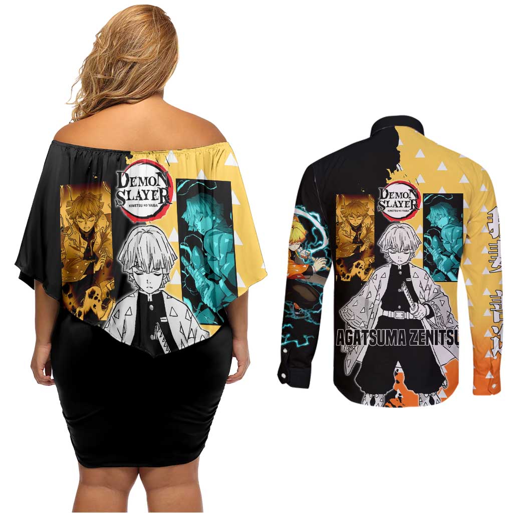 Zenitsu Agatsuma from Demon Slayer Couples Matching Off Shoulder Short Dress and Long Sleeve Button Shirt with Yellow Lightning Kimono and Thunder Effects Design - The Mazicc