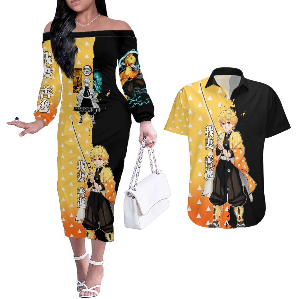 Zenitsu Agatsuma from Demon Slayer Couples Matching Off The Shoulder Long Sleeve Dress and Hawaiian Shirt with Yellow Lightning Kimono and Thunder Effects Design - The Mazicc