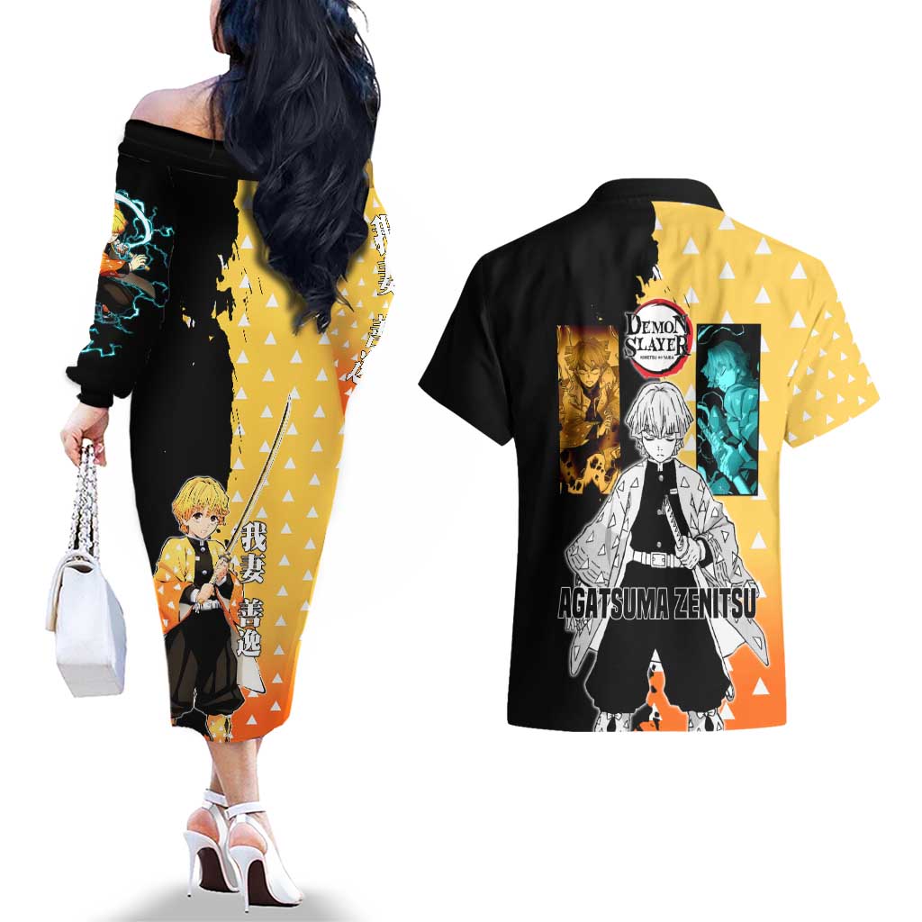 Zenitsu Agatsuma from Demon Slayer Couples Matching Off The Shoulder Long Sleeve Dress and Hawaiian Shirt with Yellow Lightning Kimono and Thunder Effects Design - The Mazicc