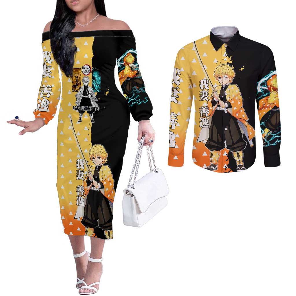 Zenitsu Agatsuma from Demon Slayer Couples Matching Off The Shoulder Long Sleeve Dress and Long Sleeve Button Shirt with Yellow Lightning Kimono and Thunder Effects Design - The Mazicc