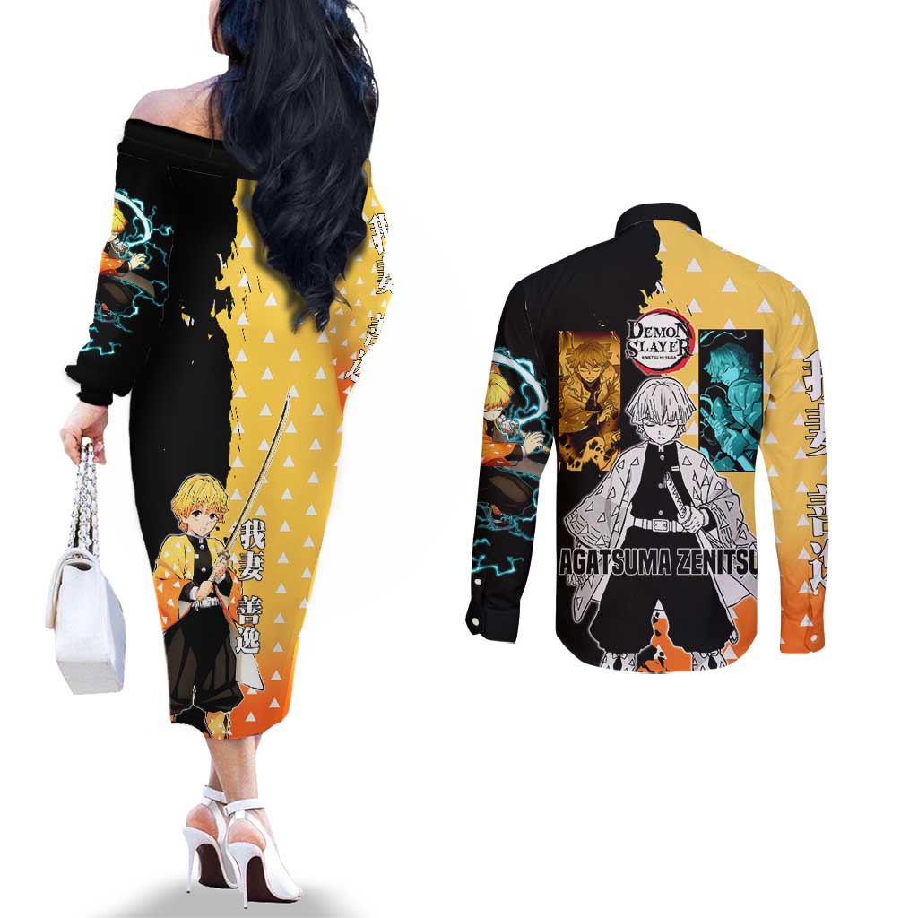 Zenitsu Agatsuma from Demon Slayer Couples Matching Off The Shoulder Long Sleeve Dress and Long Sleeve Button Shirt with Yellow Lightning Kimono and Thunder Effects Design - The Mazicc