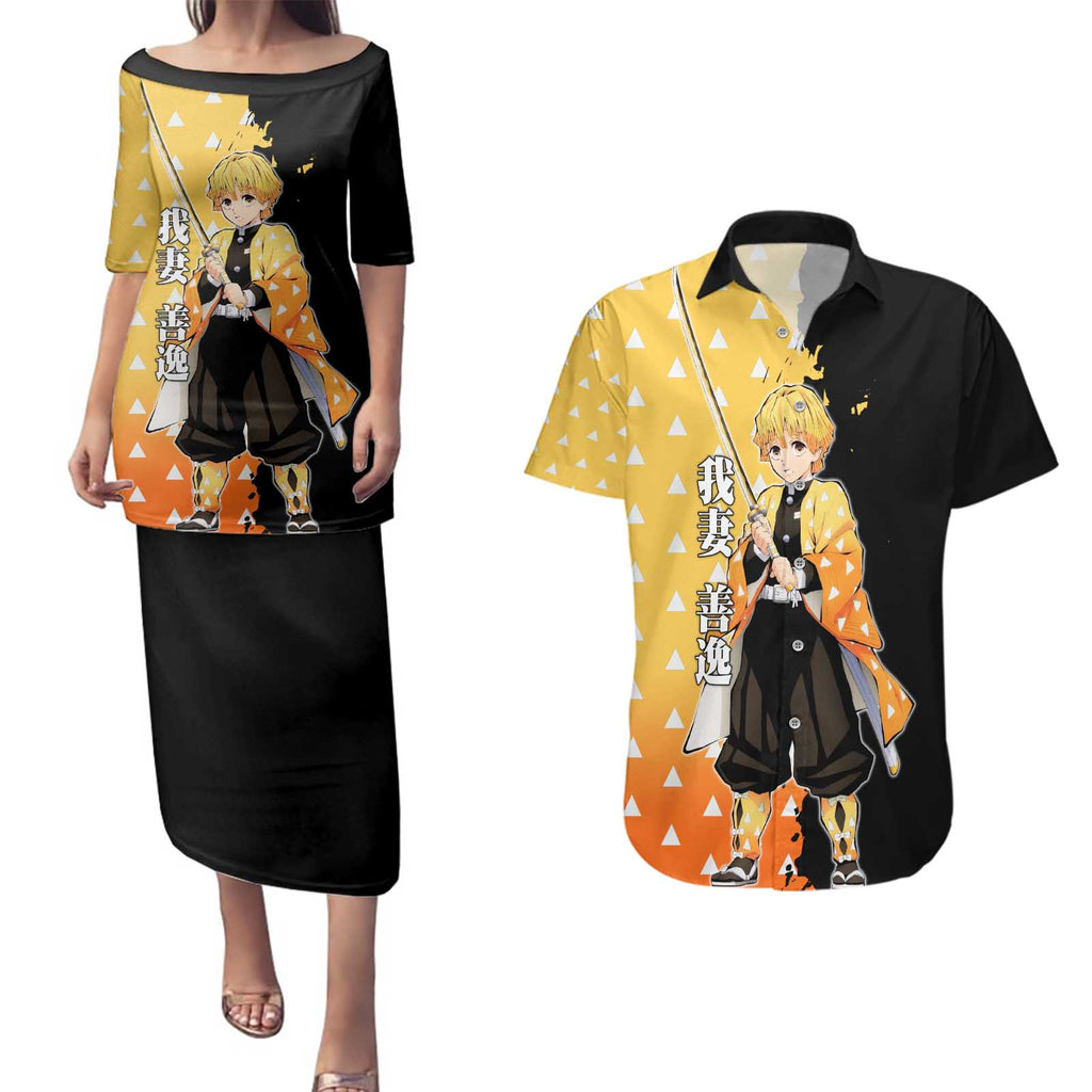 Zenitsu Agatsuma from Demon Slayer Couples Matching Puletasi and Hawaiian Shirt with Yellow Lightning Kimono and Thunder Effects Design - The Mazicc