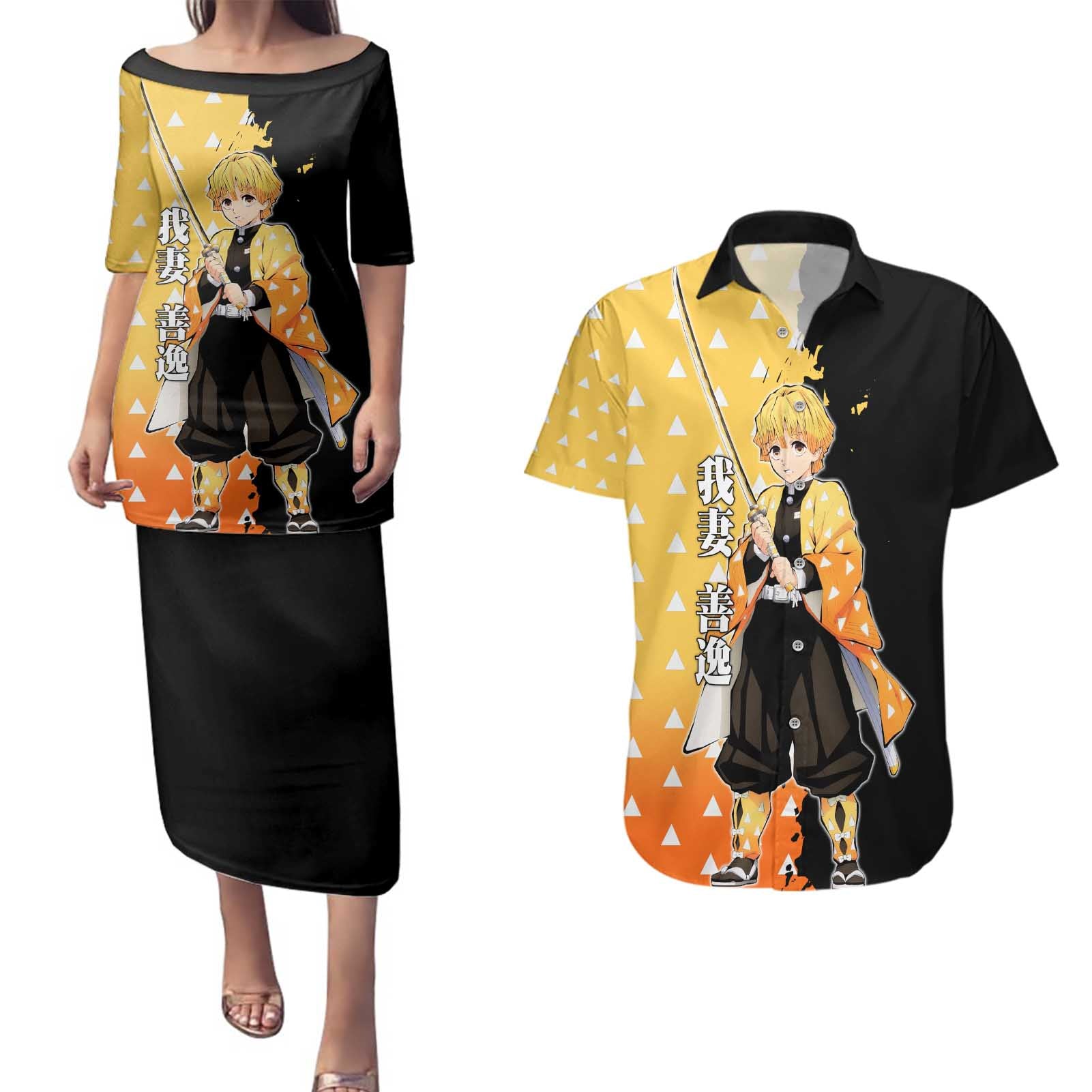 Zenitsu Agatsuma from Demon Slayer Couples Matching Puletasi and Hawaiian Shirt with Yellow Lightning Kimono and Thunder Effects Design - The Mazicc