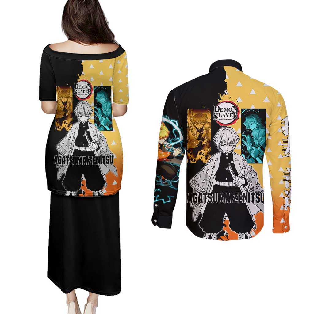 Zenitsu Agatsuma from Demon Slayer Couples Matching Puletasi and Long Sleeve Button Shirt with Yellow Lightning Kimono and Thunder Effects Design - The Mazicc