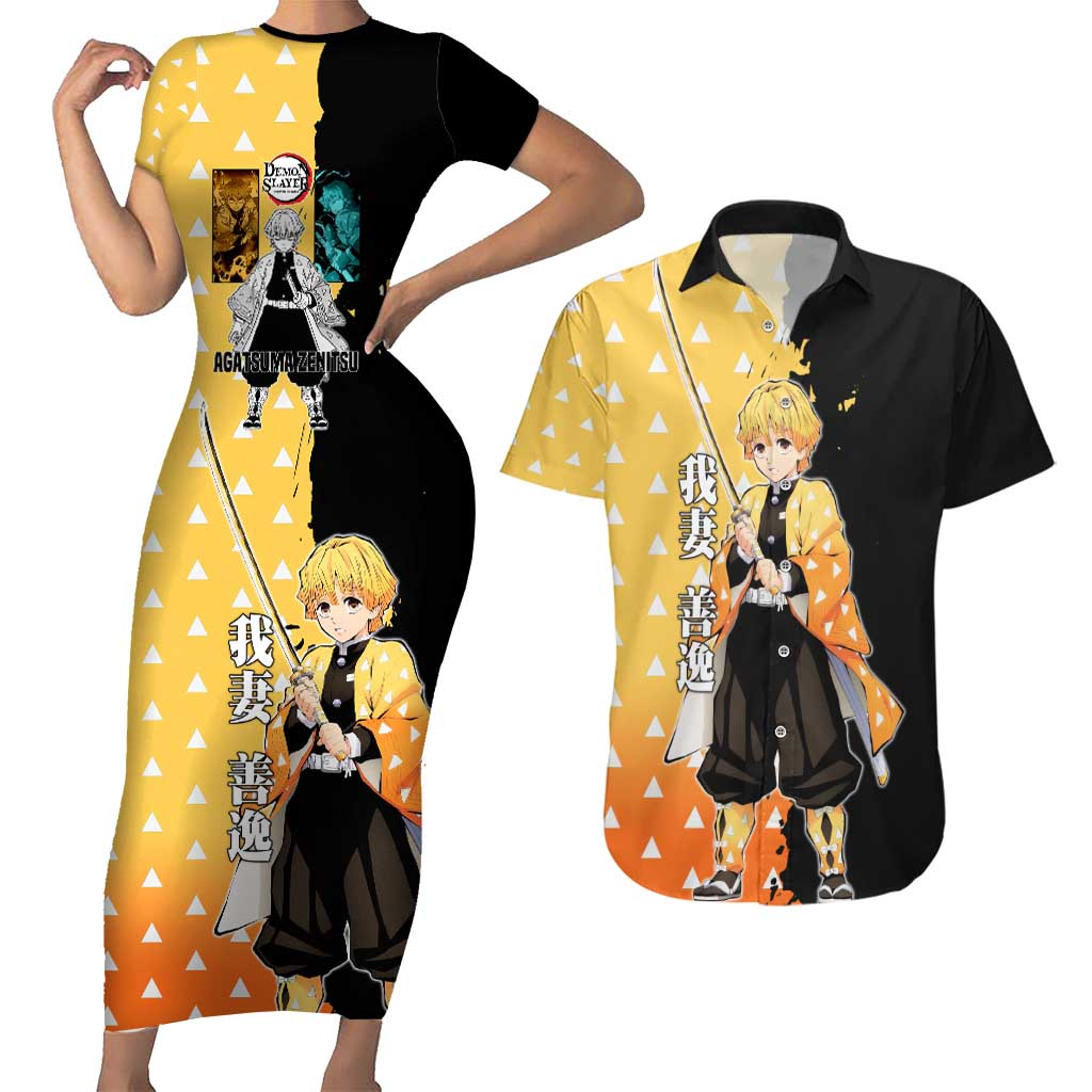 Zenitsu Agatsuma from Demon Slayer Couples Matching Short Sleeve Bodycon Dress and Hawaiian Shirt with Yellow Lightning Kimono and Thunder Effects Design - The Mazicc