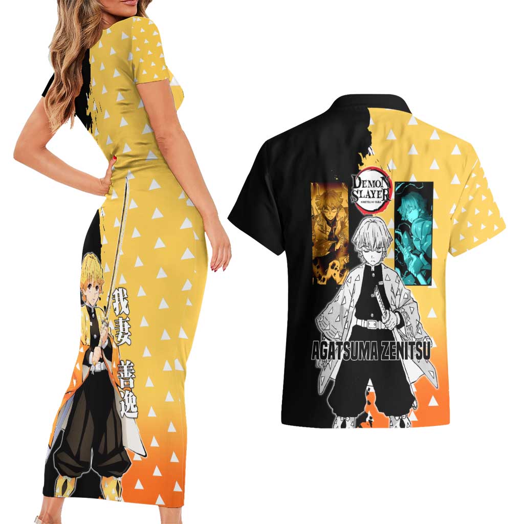Zenitsu Agatsuma from Demon Slayer Couples Matching Short Sleeve Bodycon Dress and Hawaiian Shirt with Yellow Lightning Kimono and Thunder Effects Design - The Mazicc