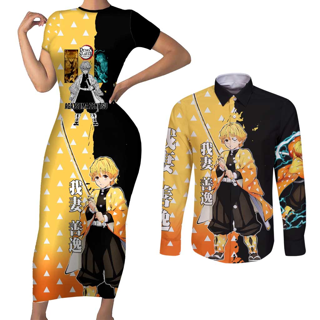 Zenitsu Agatsuma from Demon Slayer Couples Matching Short Sleeve Bodycon Dress and Long Sleeve Button Shirt with Yellow Lightning Kimono and Thunder Effects Design - The Mazicc