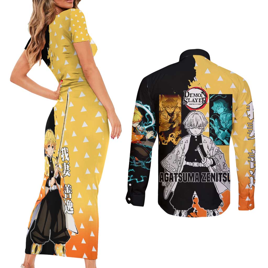 Zenitsu Agatsuma from Demon Slayer Couples Matching Short Sleeve Bodycon Dress and Long Sleeve Button Shirt with Yellow Lightning Kimono and Thunder Effects Design - The Mazicc
