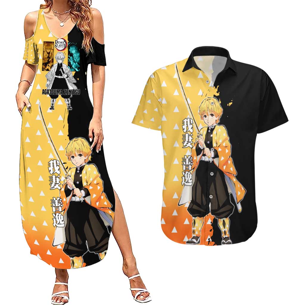 Zenitsu Agatsuma from Demon Slayer Couples Matching Summer Maxi Dress and Hawaiian Shirt with Yellow Lightning Kimono and Thunder Effects Design - The Mazicc