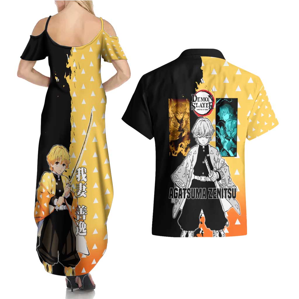 Zenitsu Agatsuma from Demon Slayer Couples Matching Summer Maxi Dress and Hawaiian Shirt with Yellow Lightning Kimono and Thunder Effects Design - The Mazicc