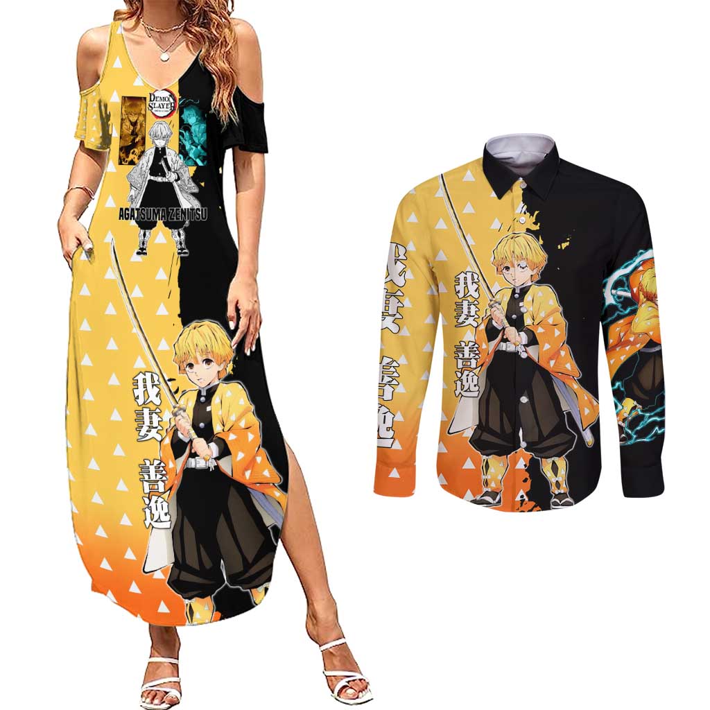 Zenitsu Agatsuma from Demon Slayer Couples Matching Summer Maxi Dress and Long Sleeve Button Shirt with Yellow Lightning Kimono and Thunder Effects Design - The Mazicc