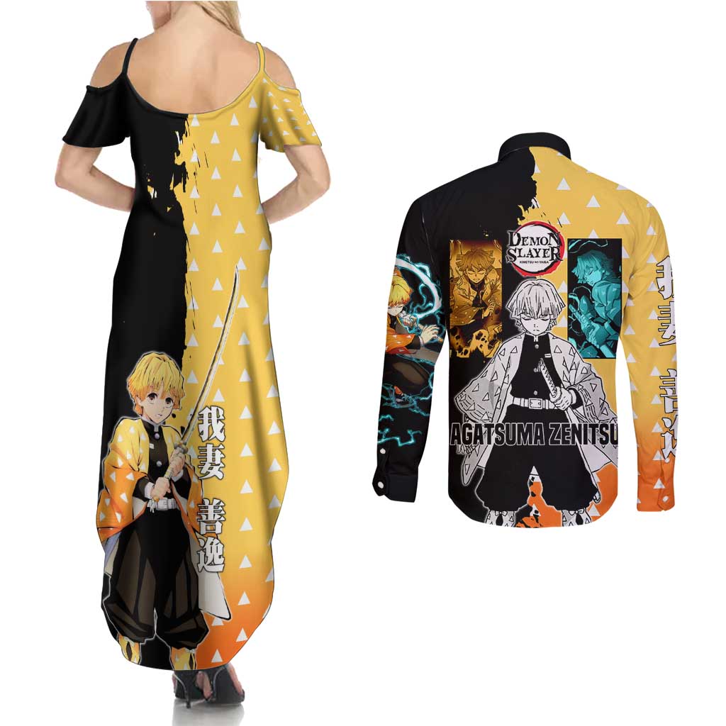 Zenitsu Agatsuma from Demon Slayer Couples Matching Summer Maxi Dress and Long Sleeve Button Shirt with Yellow Lightning Kimono and Thunder Effects Design - The Mazicc