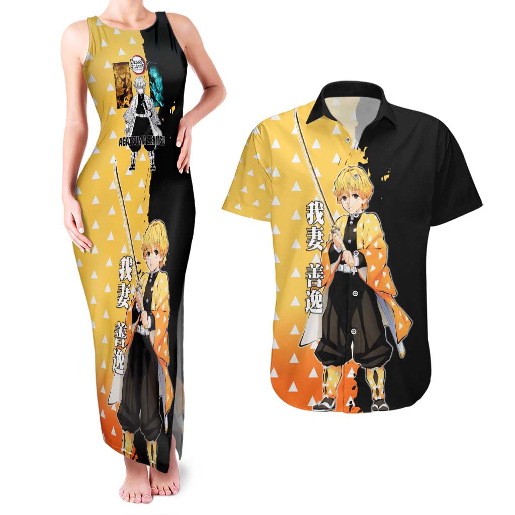 Zenitsu Agatsuma from Demon Slayer Couples Matching Tank Maxi Dress and Hawaiian Shirt with Yellow Lightning Kimono and Thunder Effects Design - The Mazicc