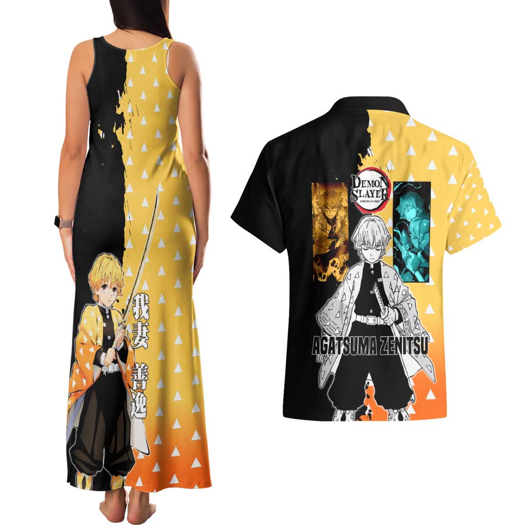 Zenitsu Agatsuma from Demon Slayer Couples Matching Tank Maxi Dress and Hawaiian Shirt with Yellow Lightning Kimono and Thunder Effects Design - The Mazicc