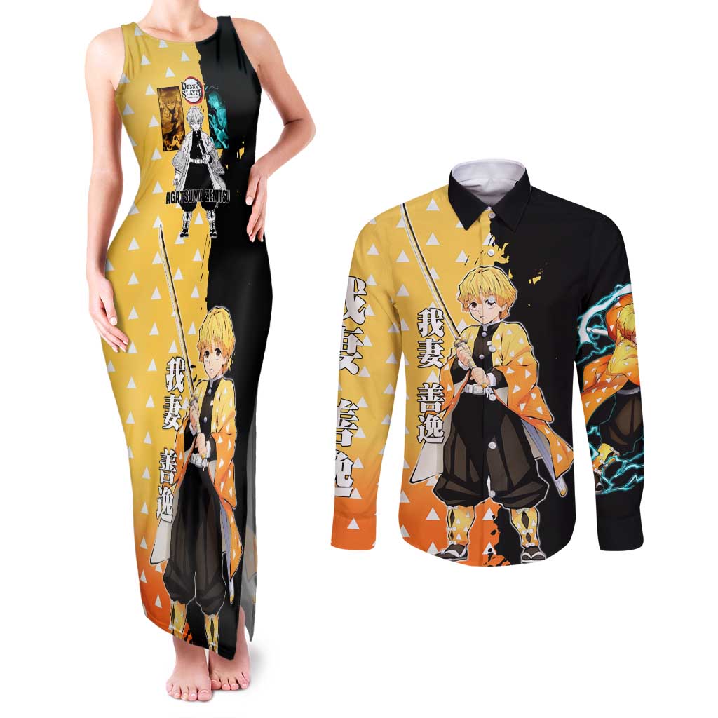Zenitsu Agatsuma from Demon Slayer Couples Matching Tank Maxi Dress and Long Sleeve Button Shirt with Yellow Lightning Kimono and Thunder Effects Design - The Mazicc