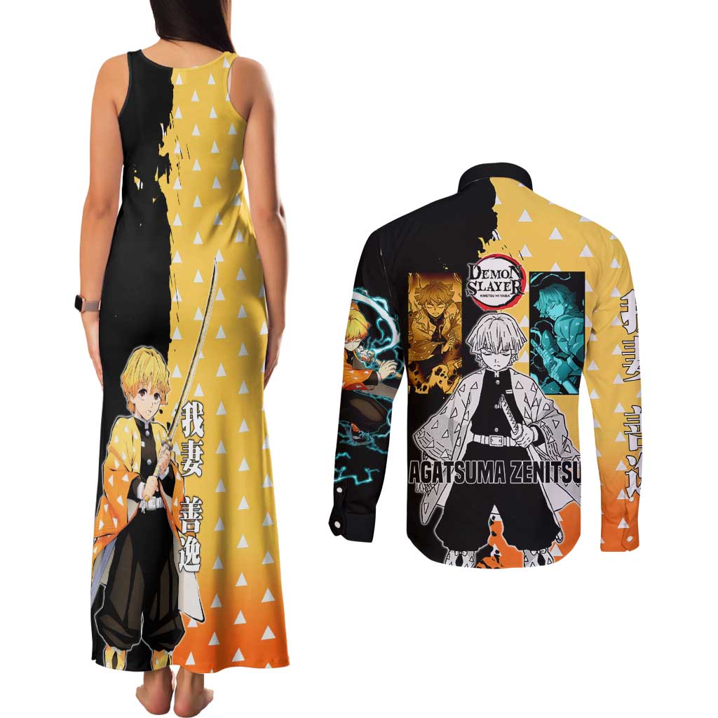 Zenitsu Agatsuma from Demon Slayer Couples Matching Tank Maxi Dress and Long Sleeve Button Shirt with Yellow Lightning Kimono and Thunder Effects Design - The Mazicc