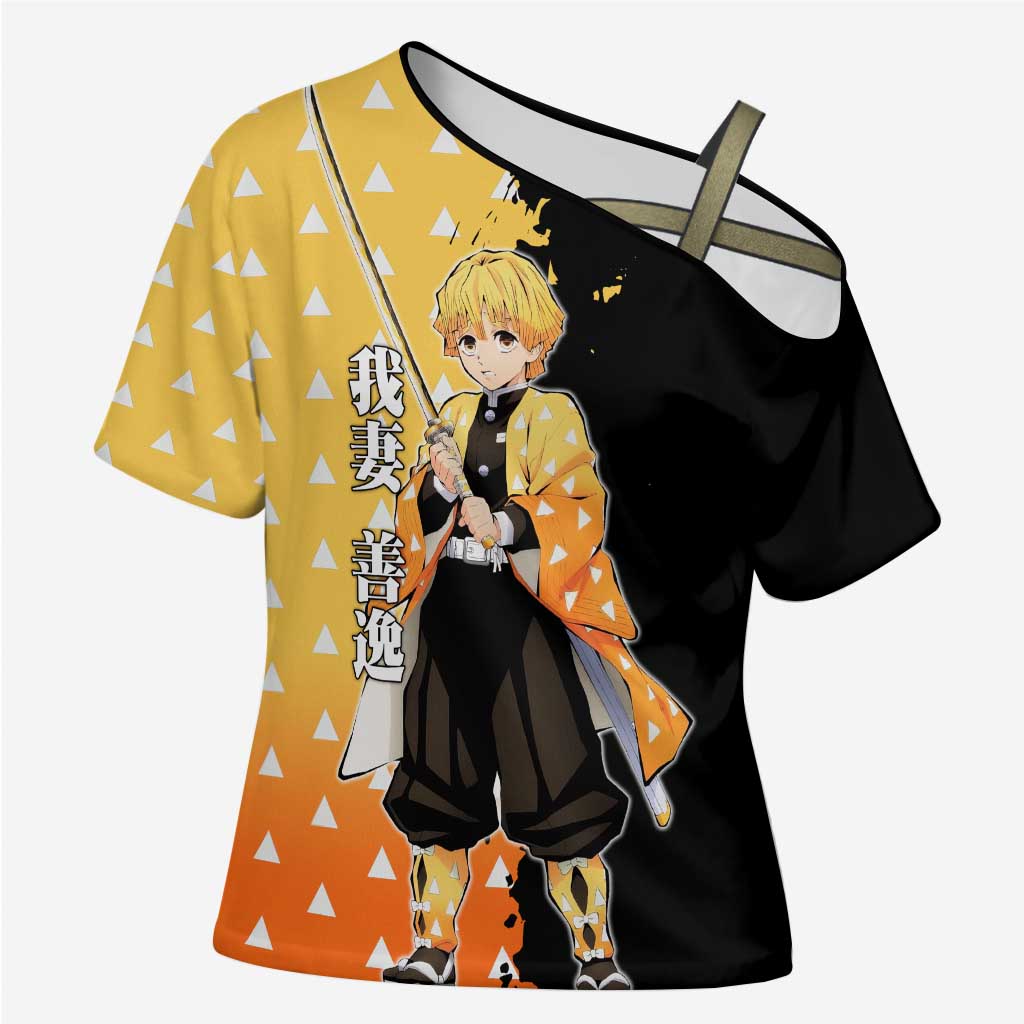 Zenitsu Agatsuma from Demon Slayer Cross Shoulder Shirt with Yellow Lightning Kimono and Thunder Effects Design - The Mazicc