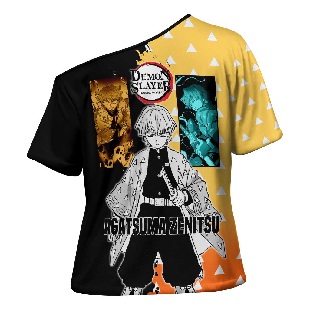 Zenitsu Agatsuma from Demon Slayer Cross Shoulder Shirt with Yellow Lightning Kimono and Thunder Effects Design - The Mazicc