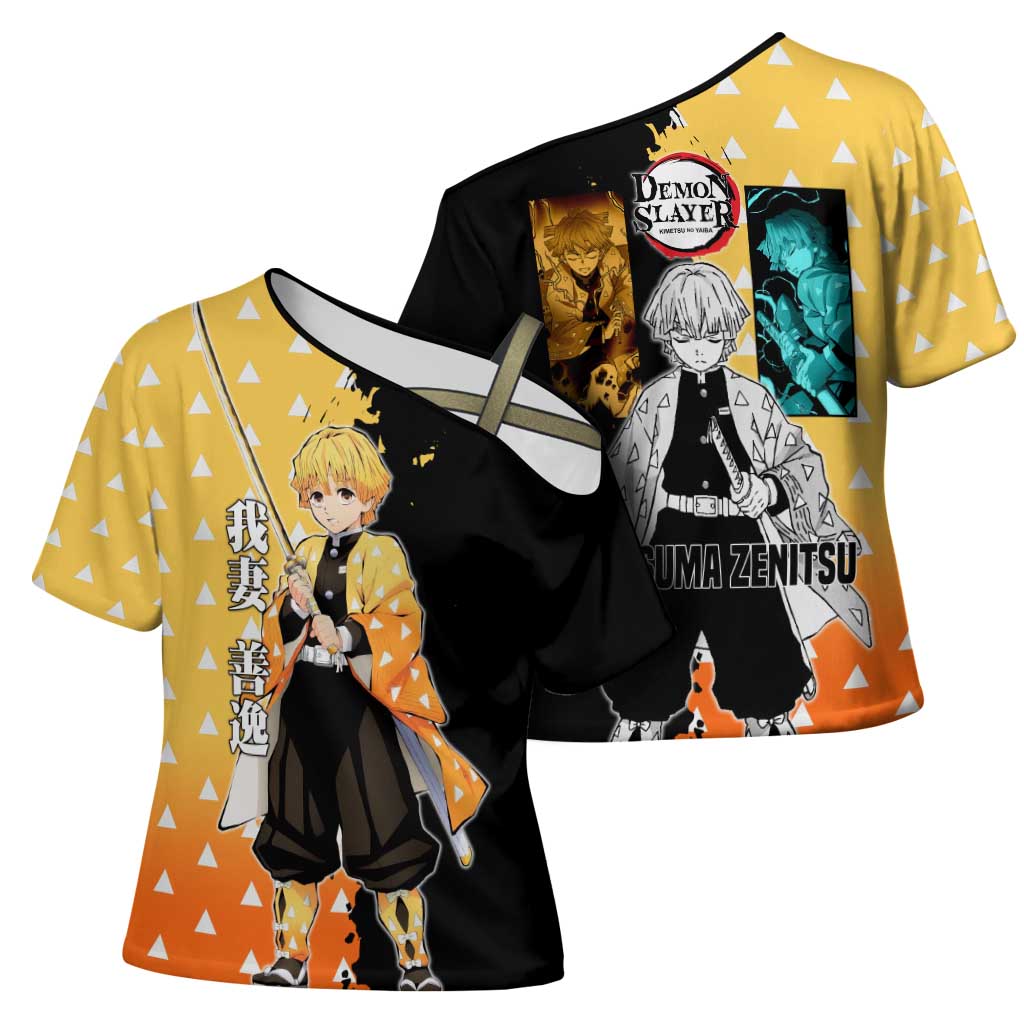 Zenitsu Agatsuma from Demon Slayer Cross Shoulder Shirt with Yellow Lightning Kimono and Thunder Effects Design - The Mazicc