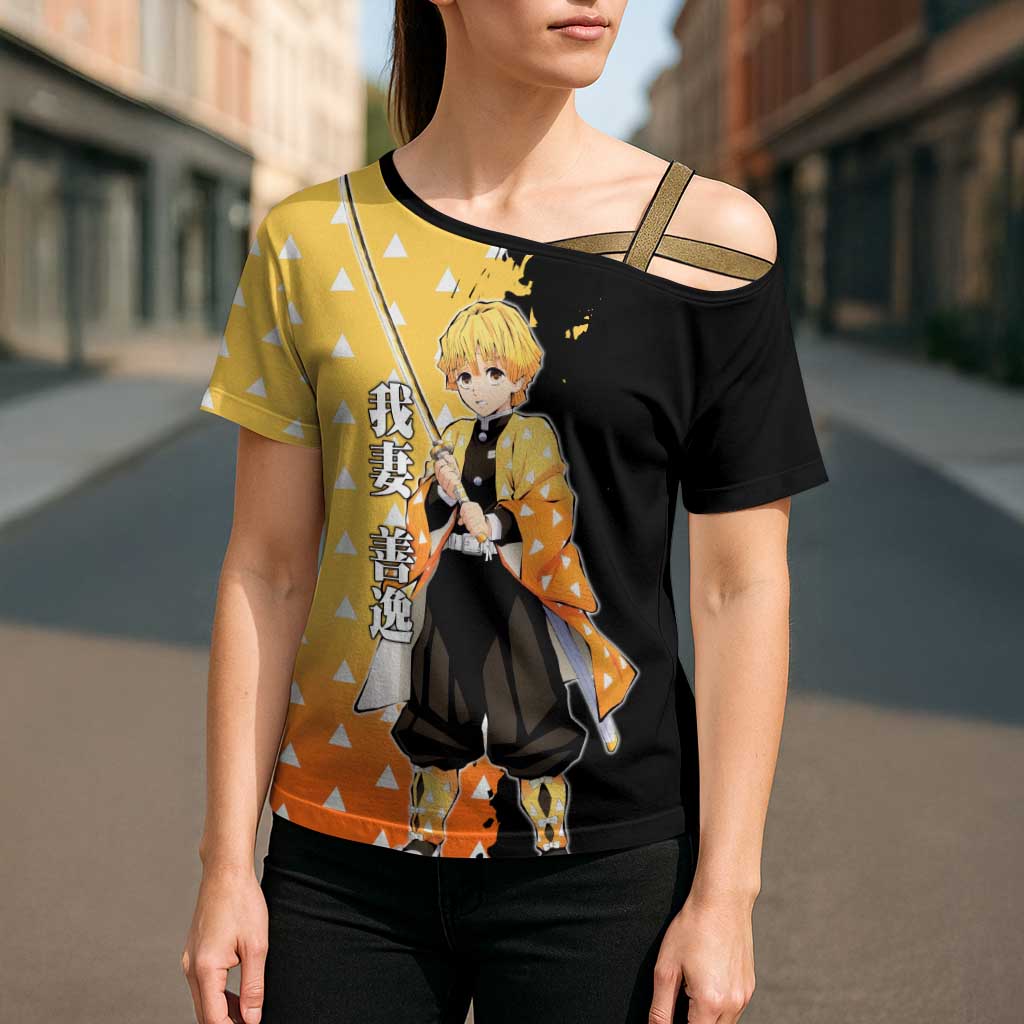 Zenitsu Agatsuma from Demon Slayer Cross Shoulder Shirt with Yellow Lightning Kimono and Thunder Effects Design - The Mazicc