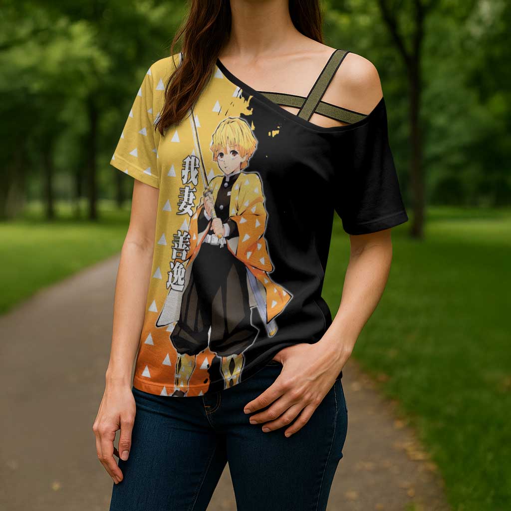 Zenitsu Agatsuma from Demon Slayer Cross Shoulder Shirt with Yellow Lightning Kimono and Thunder Effects Design - The Mazicc