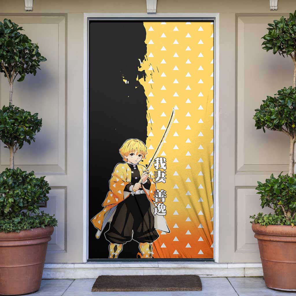 Zenitsu Agatsuma from Demon Slayer Door Cover with Yellow Lightning Kimono and Thunder Effects Design - The Mazicc