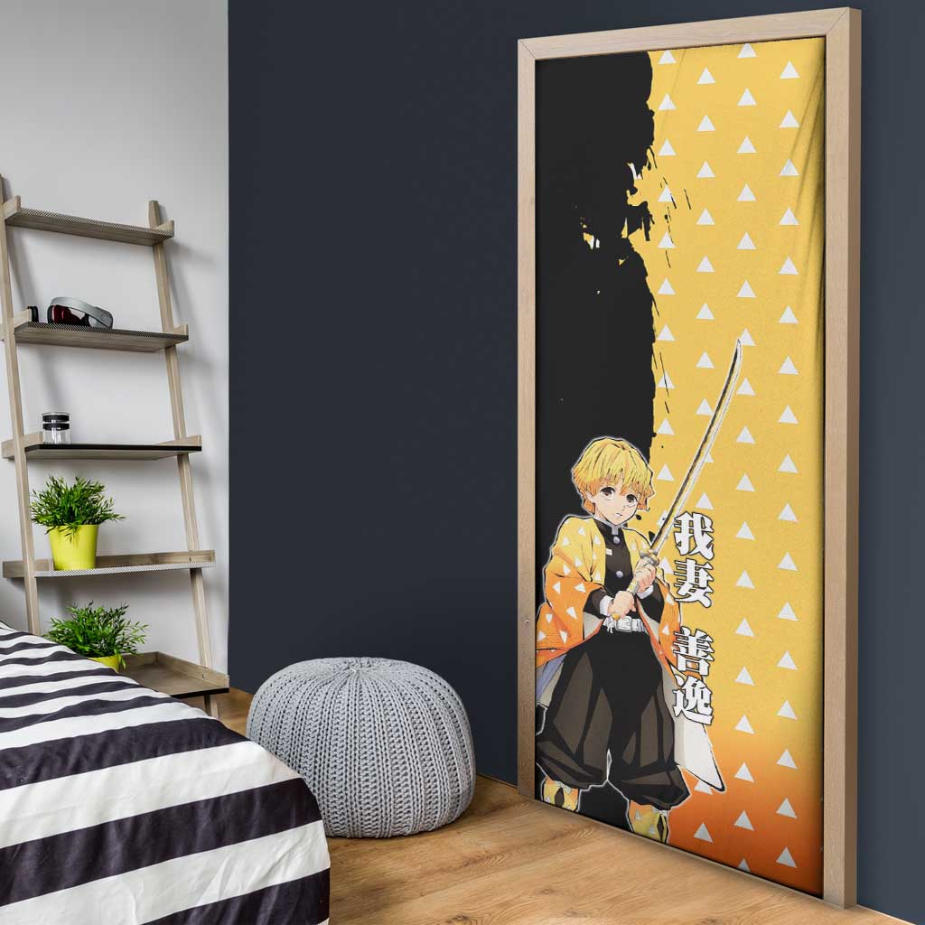 Zenitsu Agatsuma from Demon Slayer Door Cover with Yellow Lightning Kimono and Thunder Effects Design - The Mazicc