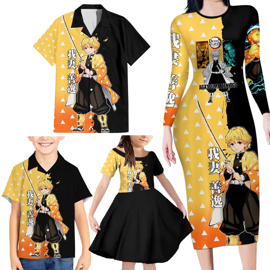 Zenitsu Agatsuma from Demon Slayer Family Matching Long Sleeve Bodycon Dress and Hawaiian Shirt with Yellow Lightning Kimono and Thunder Effects Design - The Mazicc