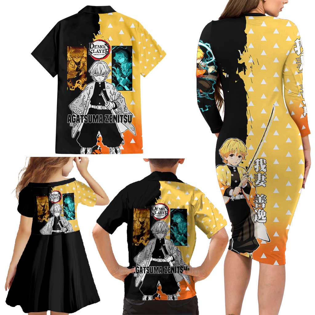 Zenitsu Agatsuma from Demon Slayer Family Matching Long Sleeve Bodycon Dress and Hawaiian Shirt with Yellow Lightning Kimono and Thunder Effects Design - The Mazicc