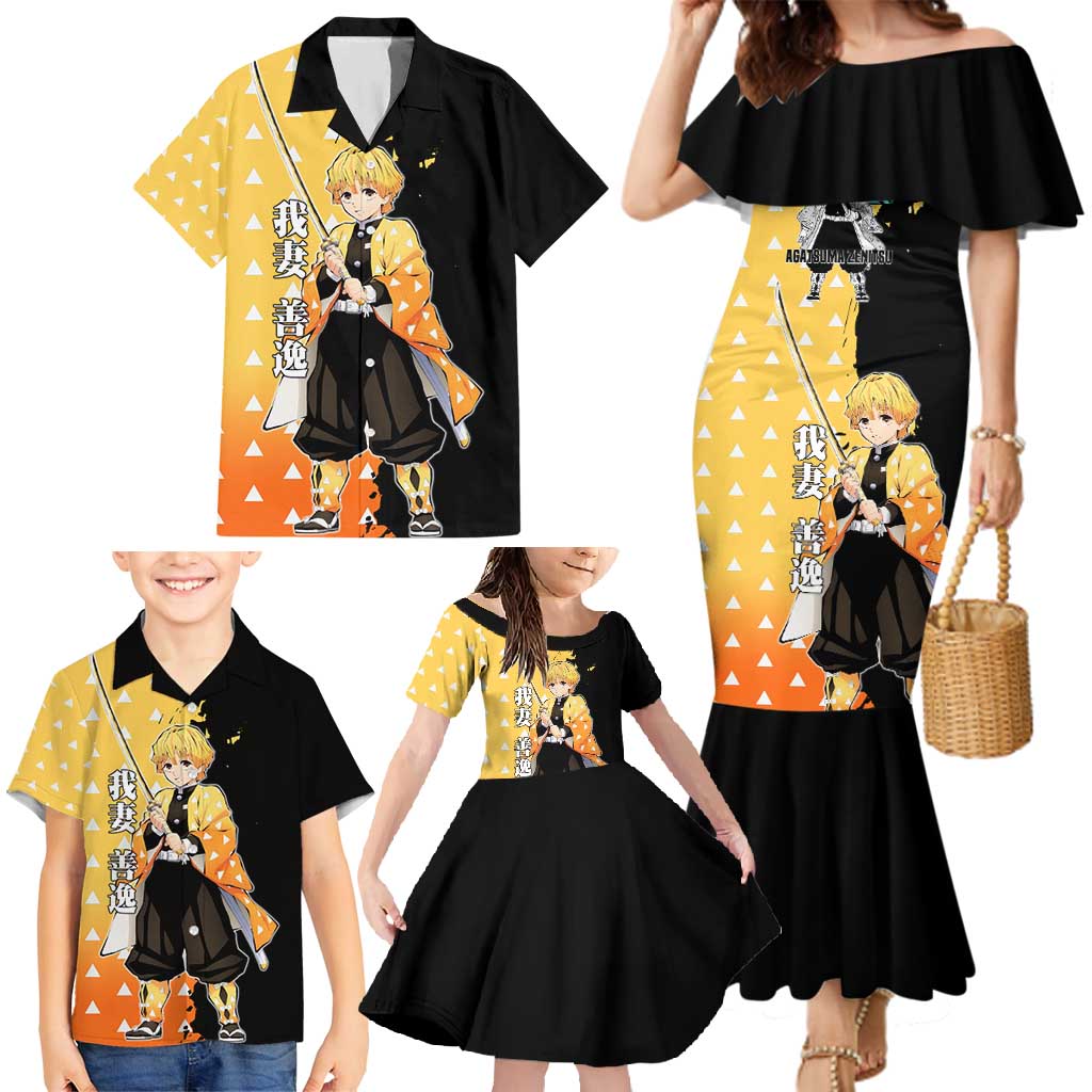 Zenitsu Agatsuma from Demon Slayer Family Matching Mermaid Dress and Hawaiian Shirt with Yellow Lightning Kimono and Thunder Effects Design - The Mazicc