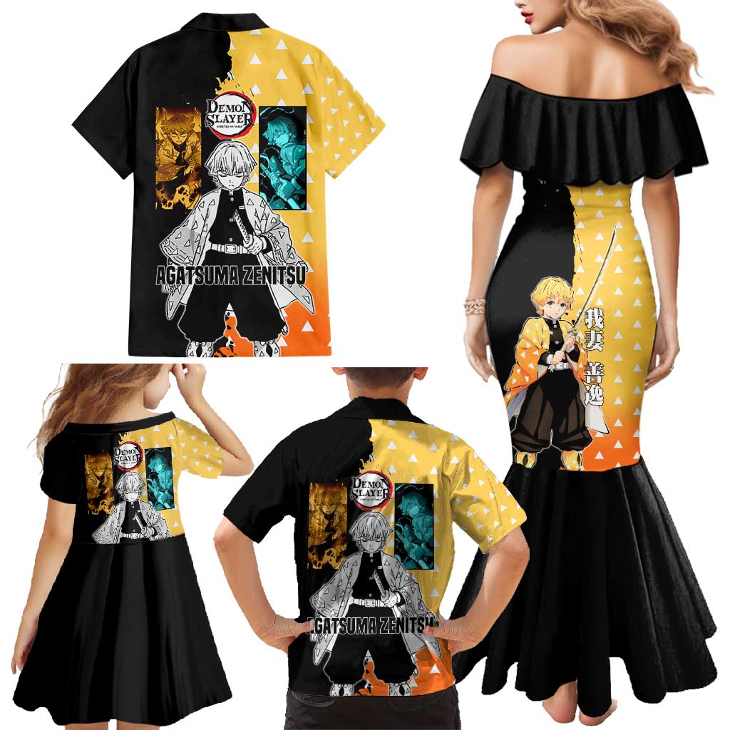 Zenitsu Agatsuma from Demon Slayer Family Matching Mermaid Dress and Hawaiian Shirt with Yellow Lightning Kimono and Thunder Effects Design - The Mazicc