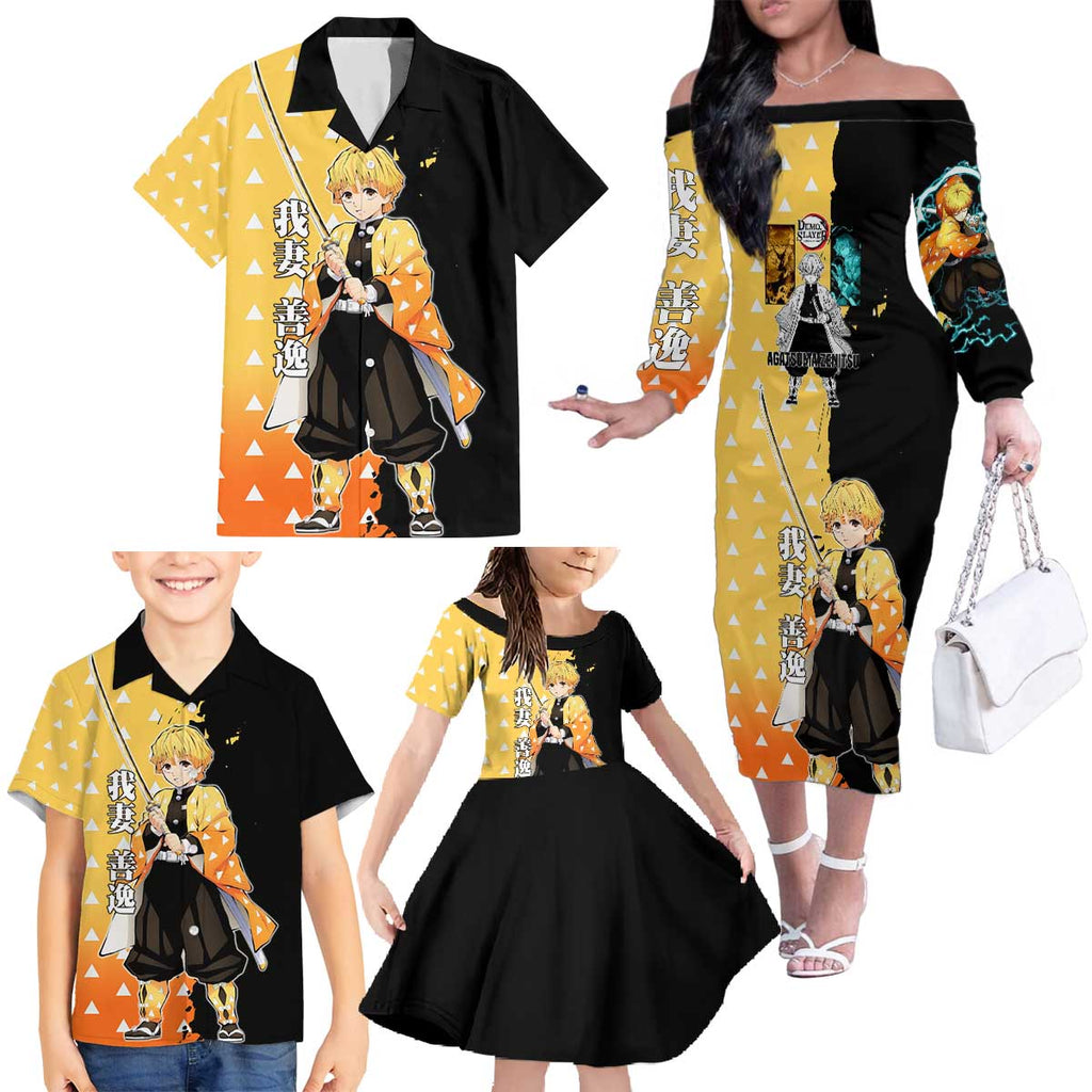 Zenitsu Agatsuma from Demon Slayer Family Matching Off The Shoulder Long Sleeve Dress and Hawaiian Shirt with Yellow Lightning Kimono and Thunder Effects Design - The Mazicc