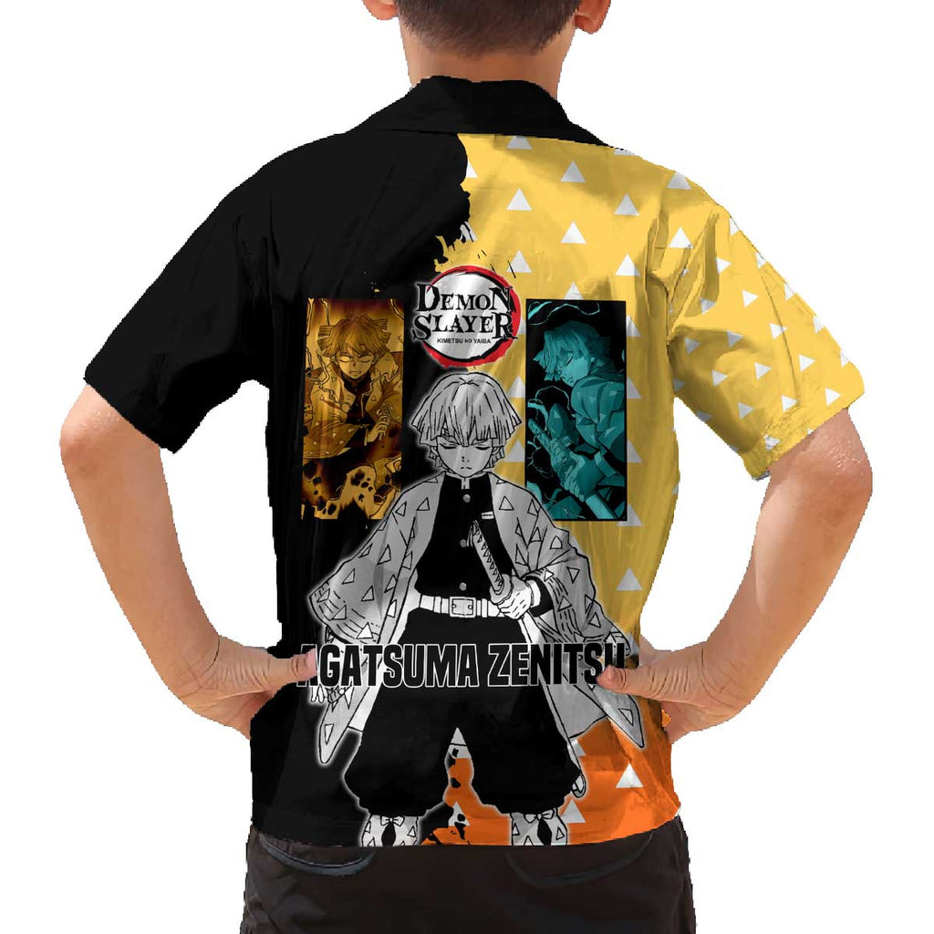 Zenitsu Agatsuma from Demon Slayer Family Matching Off The Shoulder Long Sleeve Dress and Hawaiian Shirt with Yellow Lightning Kimono and Thunder Effects Design - The Mazicc