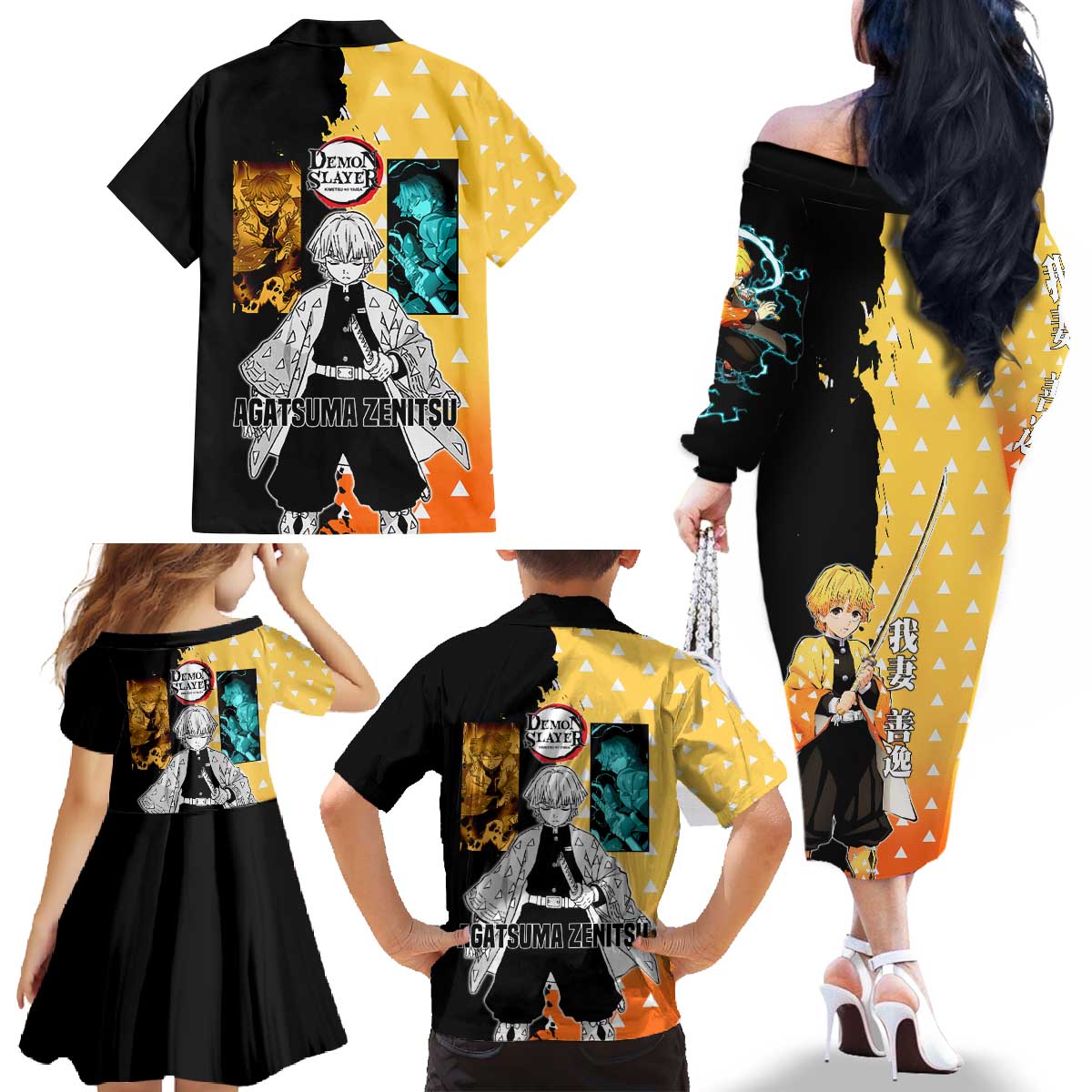 Zenitsu Agatsuma from Demon Slayer Family Matching Off The Shoulder Long Sleeve Dress and Hawaiian Shirt with Yellow Lightning Kimono and Thunder Effects Design - The Mazicc