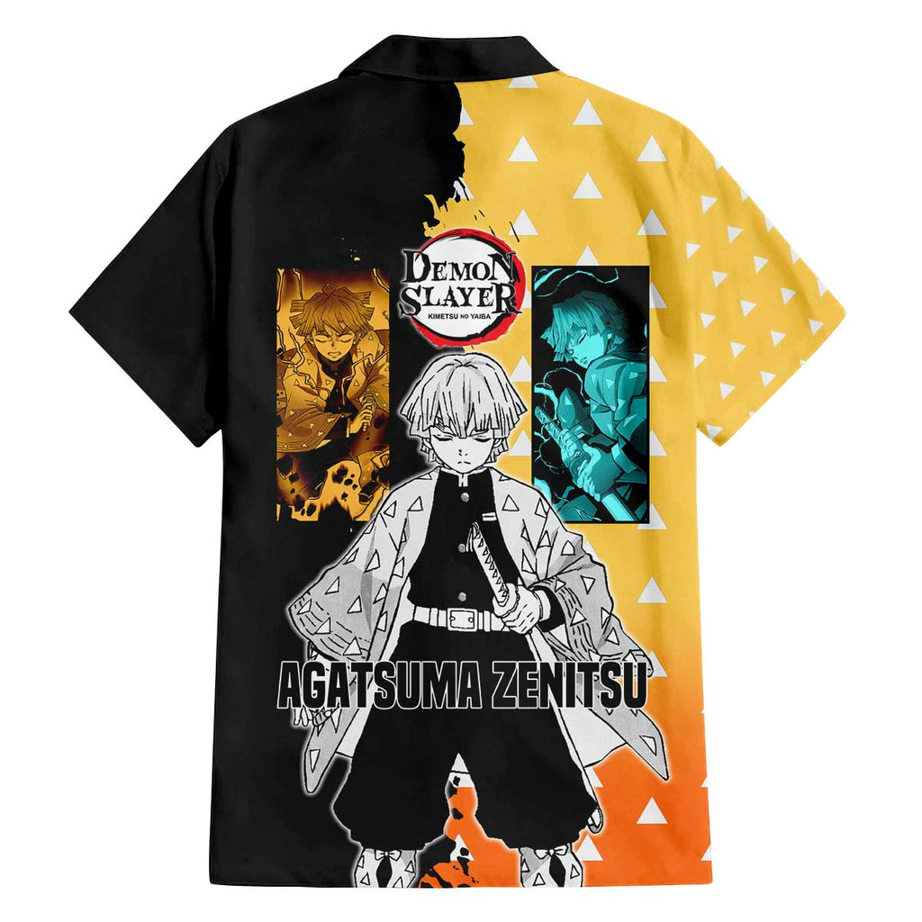 Zenitsu Agatsuma from Demon Slayer Family Matching Off The Shoulder Long Sleeve Dress and Hawaiian Shirt with Yellow Lightning Kimono and Thunder Effects Design - The Mazicc