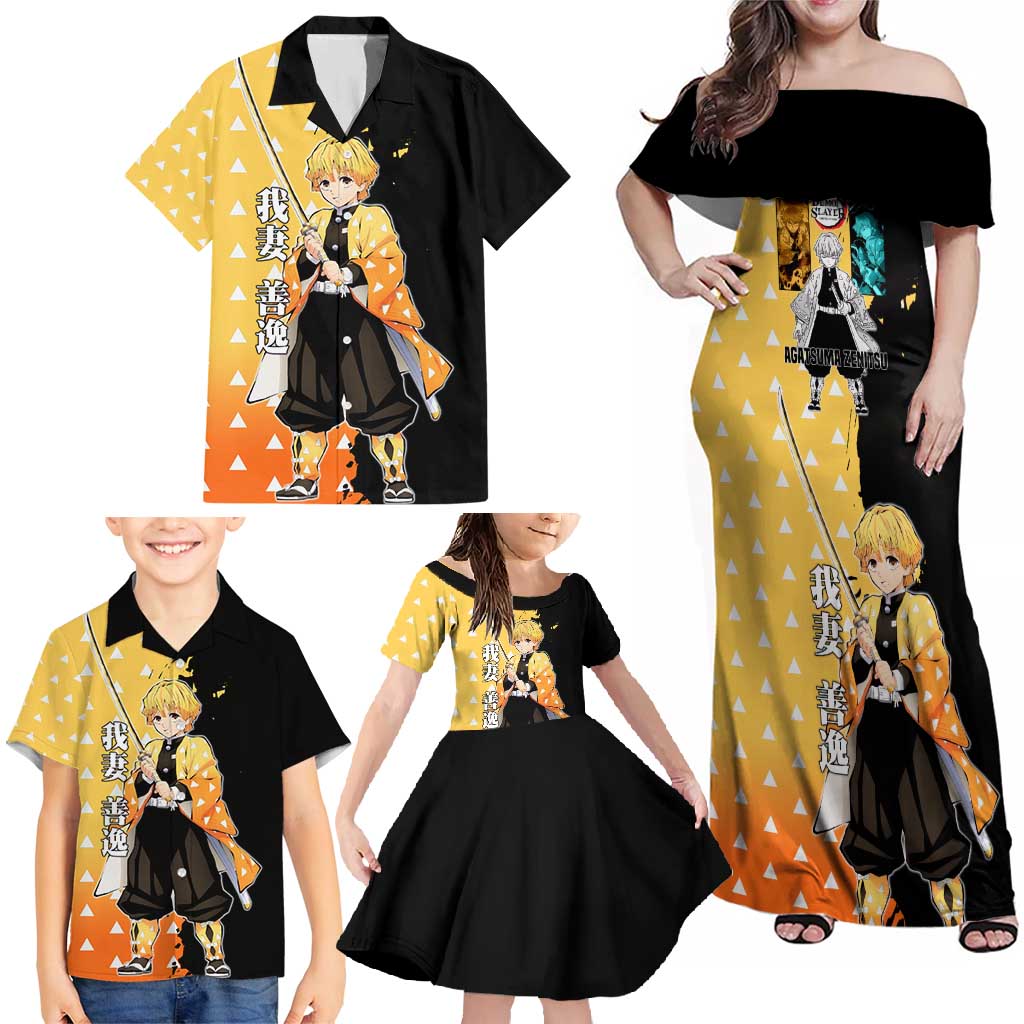Zenitsu Agatsuma from Demon Slayer Family Matching Off Shoulder Maxi Dress and Hawaiian Shirt with Yellow Lightning Kimono and Thunder Effects Design - The Mazicc