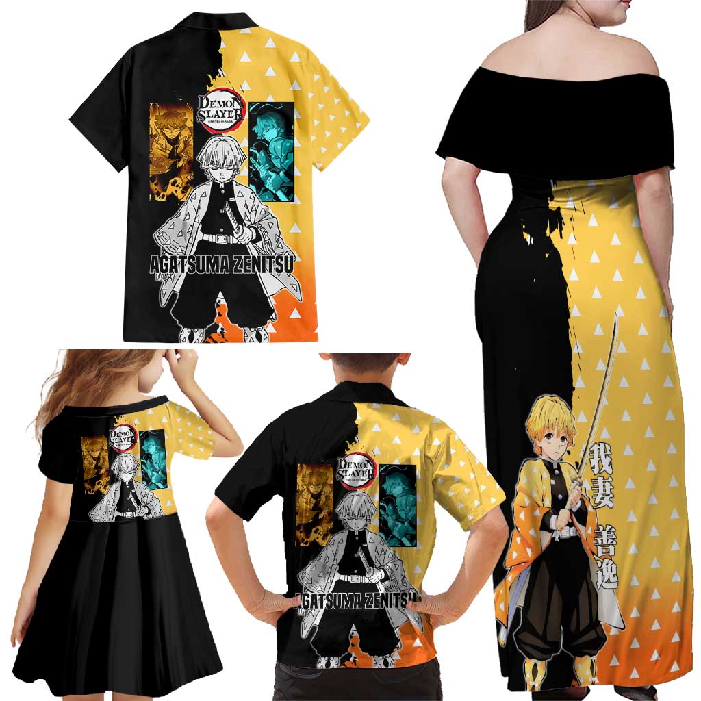 Zenitsu Agatsuma from Demon Slayer Family Matching Off Shoulder Maxi Dress and Hawaiian Shirt with Yellow Lightning Kimono and Thunder Effects Design - The Mazicc