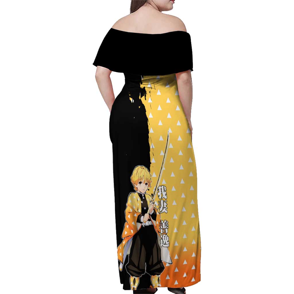Zenitsu Agatsuma from Demon Slayer Family Matching Off Shoulder Maxi Dress and Hawaiian Shirt with Yellow Lightning Kimono and Thunder Effects Design - The Mazicc