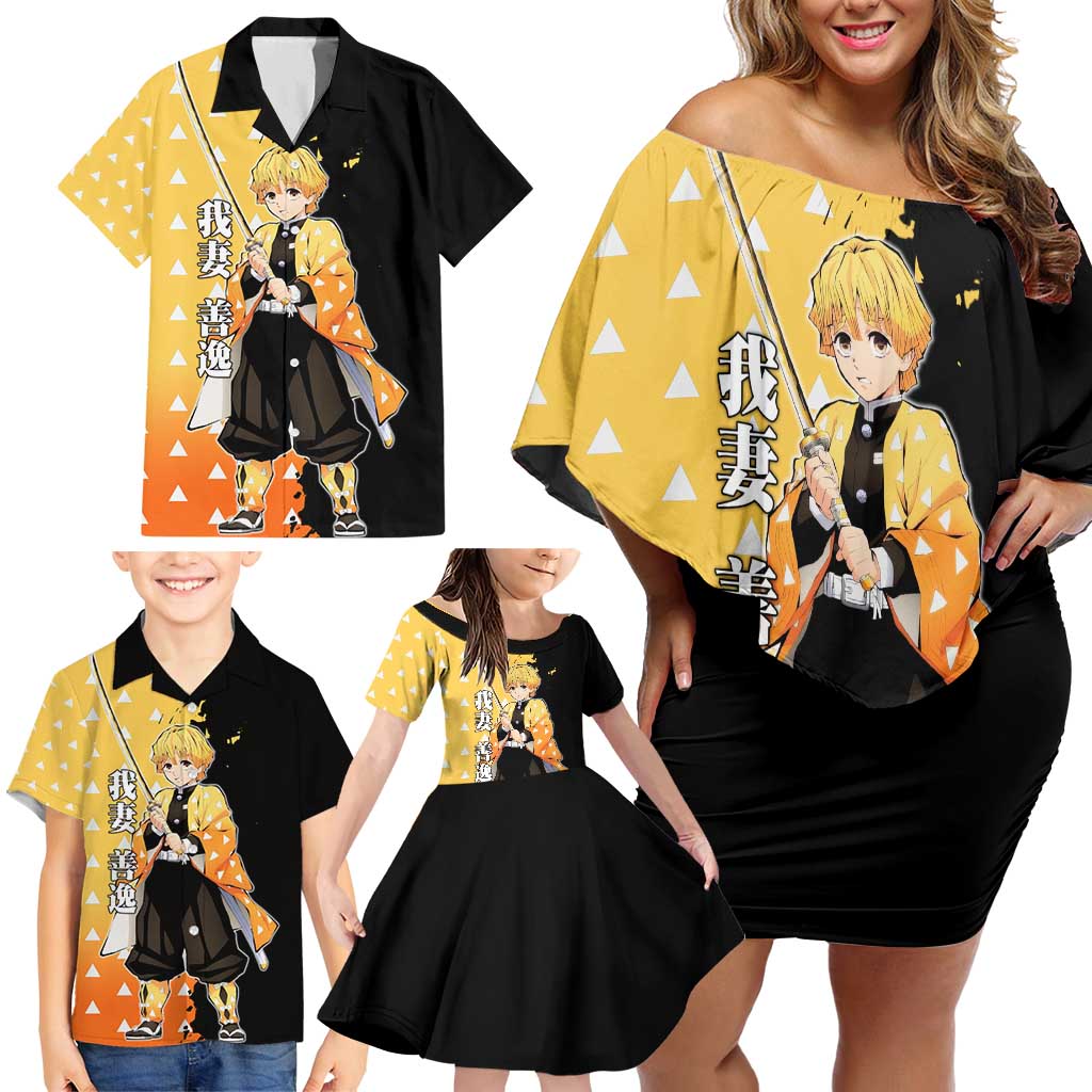 Zenitsu Agatsuma from Demon Slayer Family Matching Off Shoulder Short Dress and Hawaiian Shirt with Yellow Lightning Kimono and Thunder Effects Design - The Mazicc
