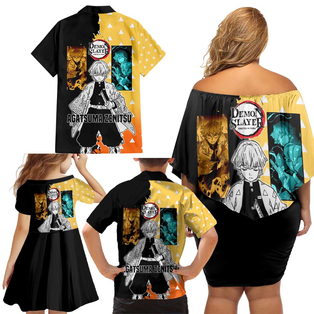 Zenitsu Agatsuma from Demon Slayer Family Matching Off Shoulder Short Dress and Hawaiian Shirt with Yellow Lightning Kimono and Thunder Effects Design - The Mazicc